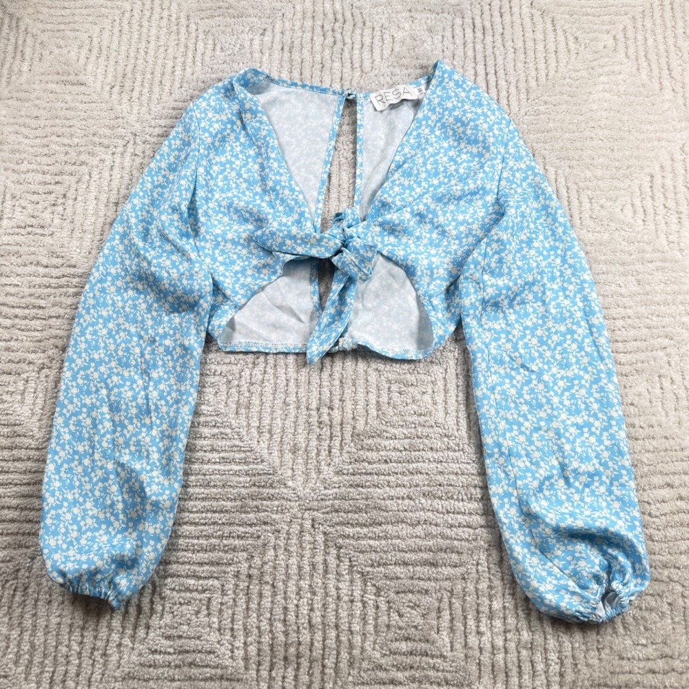 RESA Floral Tie Front Crop Top Women's XS Blue Ditsy Boho Summer Cottagecore